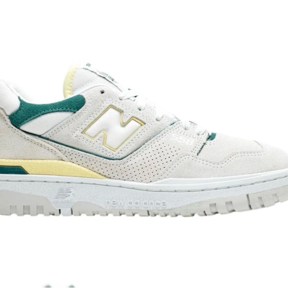 New Balance 550 White Suede Sneakers with Green & Yellow Accents